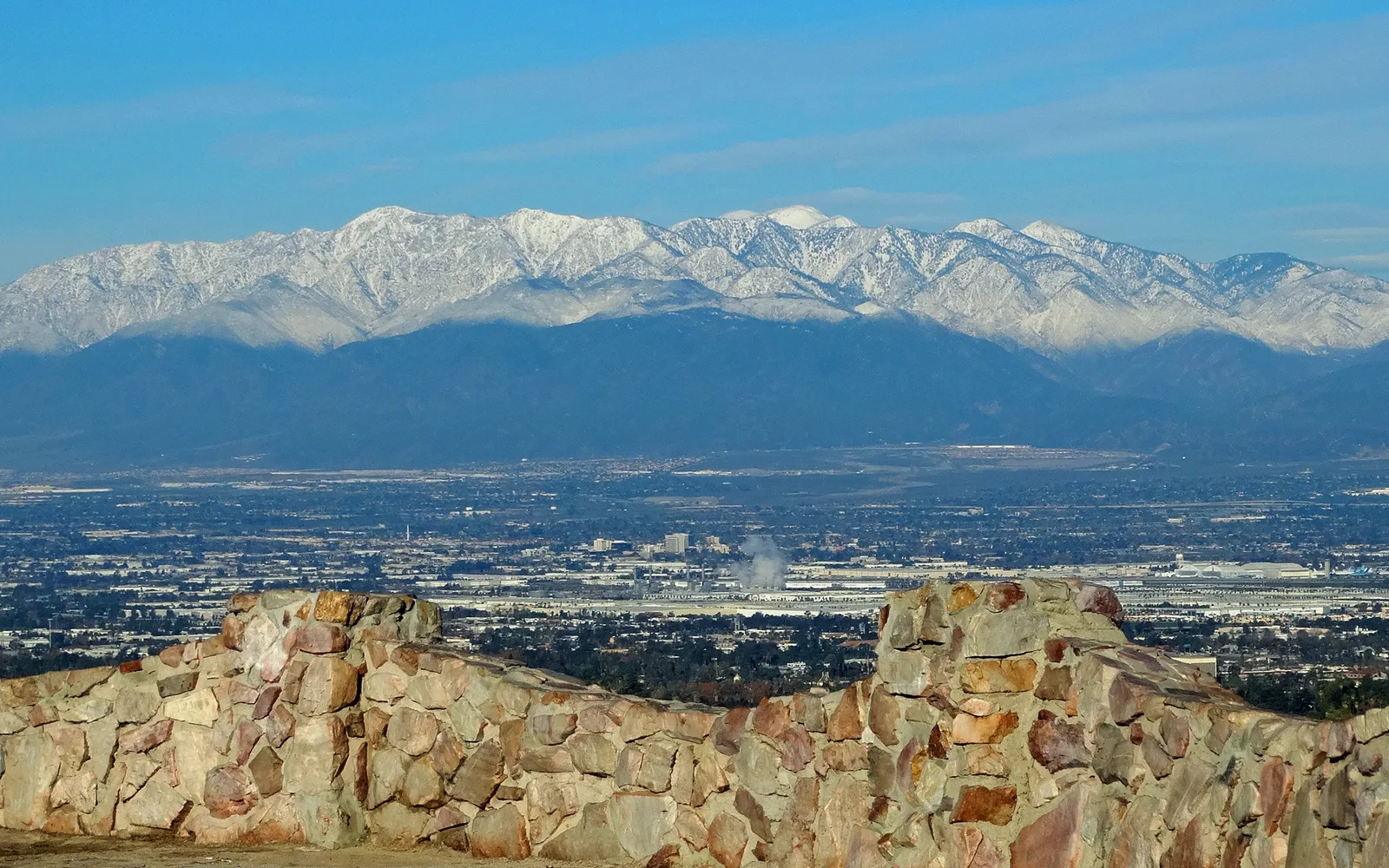 Snow-covered San Gabriel Mountains viewed from the Inland Empire valley