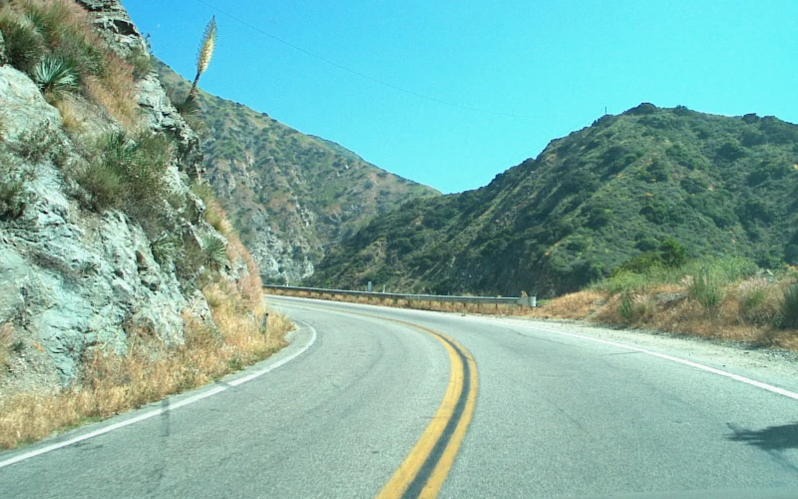 Winding mountain road through forested canyon on California Highway 39