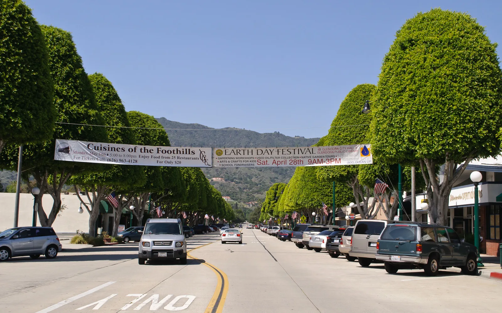 Historic downtown street with shops and storefronts in a San Gabriel Valley community